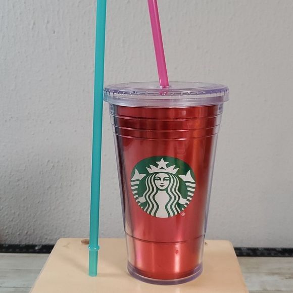Starbucks Holiday Chrome Red Green Straw Cup Insulated Travel Tumbler Cold 16 Oz - Picture 1 of 8